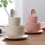 6pcs/set Baby Children Tableware Set Tableware Wheat Straw Household Dishware Set Simple Dishes Salad Soup Bowl Steak Plate - Image 2
