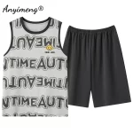 Panda Print Men Sleeveless Pajamas Summer Faux Cotton Pajama Sets Cartoon Homewear Soft Man Sleepwear Casual Vest Nightwear - Image 3