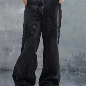 Y2K Harajuku New Fashion Heavy Industry Black Old Stitching Loose Jeans Women Street Retro Pop Gothic High Waist Wide Leg Pants