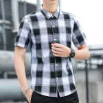 Men's Clothing Summer Button Checkered Cardigan Short Sleeve Letter Turn-down Collar Contrast Color Shirt Casual Formal Tops - Image 2