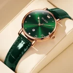 OLEVS Women Watch Luruxy Fashions Original Wristwatch Green Dial Leather Strap Waterproof Women's Watch Elegant Casual Gift Set