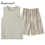 Panda Print Men Sleeveless Pajamas Summer Faux Cotton Pajama Sets Cartoon Homewear Soft Man Sleepwear Casual Vest Nightwear - Image 2