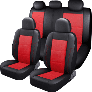 Leather and Mesh Car Seat Cover Full Set in 9Pcs Universal Fit for Cars Trucks Vans & Suvs Airbag Compatible (Red)