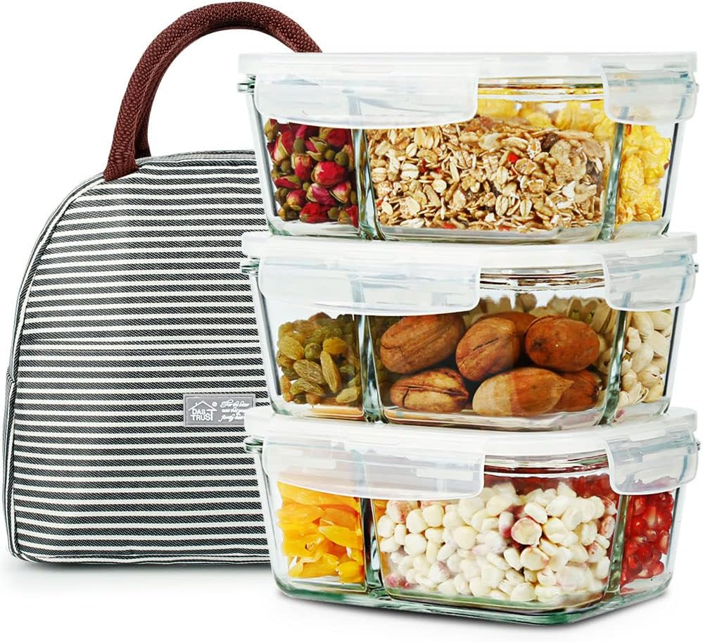 2f9cf4e3393b048448c1d50e0e03c5bd.png 3 Pack 36Oz Bento Box Glass Meal Prep Containers with 3 Compartments, Glass Food Storage Containers with Lids, Meal Prep Bowls, Lunch Box, Oven & Microwave Safe - Image 1
