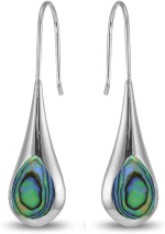 Sterling Silver Long Pear Shape Drop Earrings, Abalone, Simulated Turquoise or Mother of Pearl