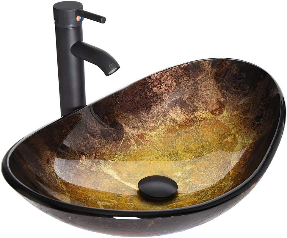 bcd6d824b7deec5953daba96f70da739.png Bathroom Vessel Sink, Boat Shape Bathroom Artistic Glass Vessel Bowl Basin with Free Oil Rubbed Bronze Faucet and Pop-Up Drain, Gold Ingot - Image 1
