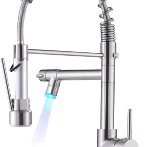 Kitchen Faucets with Pull down Sprayer Brushed Nickel -【LED Light Dual Ends】 Single Handle 1 or 3 Holes Spring Kitchen Sink Faucet with Deck Plate for Farmhouse RV Vessel Basin