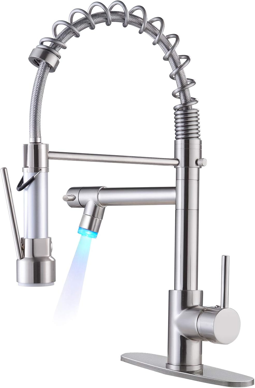 d0b624b0b9f0f784e49805b8cab59af0.png Kitchen Faucets with Pull down Sprayer Brushed Nickel -【LED Light Dual Ends】 Single Handle 1 or 3 Holes Spring Kitchen Sink Faucet with Deck Plate for Farmhouse RV Vessel Basin - Image 1