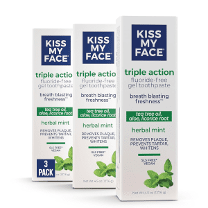 Triple Action Toothpaste Gel, Herbal Mint Flavor, Removes Plaque, Whitens Teeth, Prevents Tartar, with Tea Tree Oil and Aloe, Fluoride Free, Vegan, 4.5 Oz, 3 Pack