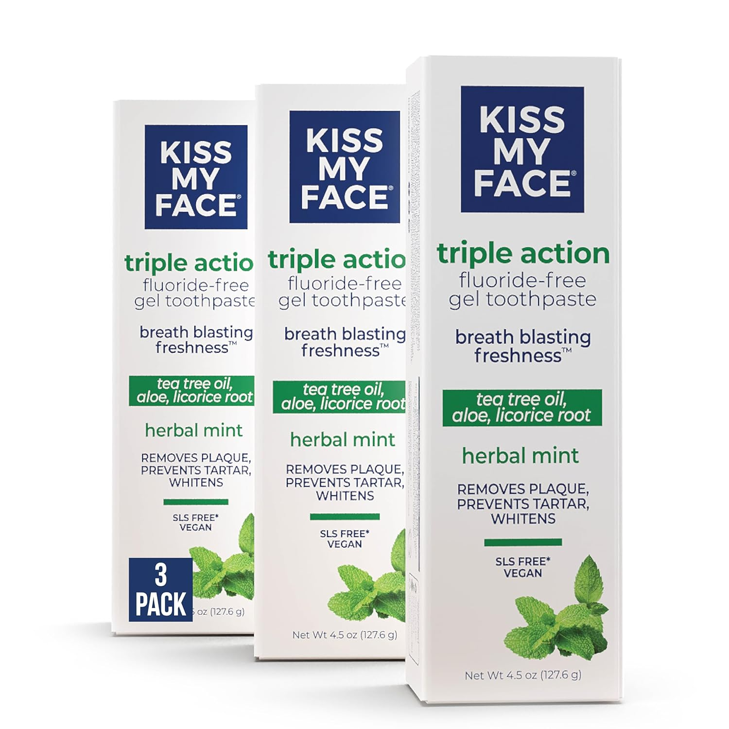 dc6916c318ed9988aa73e61a09e8e2e4-1.png Triple Action Toothpaste Gel, Herbal Mint Flavor, Removes Plaque, Whitens Teeth, Prevents Tartar, with Tea Tree Oil and Aloe, Fluoride Free, Vegan, 4.5 Oz, 3 Pack - Image 1