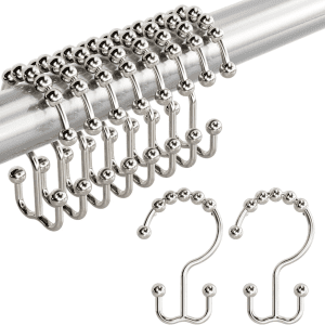 Shower Curtain Hooks, Rust-Resistant Metal Double Shower Curtain Rings for Curtain Rolling Shower Hooks, 12PCS Shower Rings for Bathroom Shower Curtain Rod, Nickel