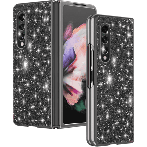 Samsung Galaxy Z Fold 3 Case, Ultra-Thin Sparkling Bling Glitter PC Hard Phone Case Protective Cover for Samsung Galaxy Z Fold 3 5G, Black