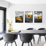 Large Size Canvas Wall Art for Living Room Family Bedroom Wall Painting Decoration,Bathroom Wall Decor Kitchen Home Decoration Black and White Sunflower Flowerswall Pictures Artwork,16X24 3 Piece - Image 7