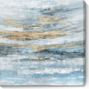 Bathroom Wall Art Abstract Canvas Art Print Framed Modern Blue Ocean Picture Small Coastal Sunset & Sunrise Artwork for Sea Lake Themed Home Bedroom Décor 14X14Inch