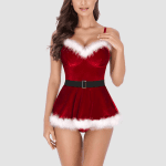 Christmas Santa Velvet Sexy Nightdress with Thong Babydoll Sleeveless Backless Underwear Women Rabbit Girl Exotic Mini Dress - Image 2