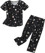 Womens Cotton Pajama Sets Short Sleeve Top with Capri Pants 2 Piece Sets for Women Summer Pajamas Lounge Set