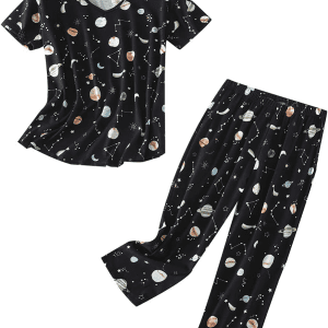 Womens Cotton Pajama Sets Short Sleeve Top with Capri Pants 2 Piece Sets for Women Summer Pajamas Lounge Set