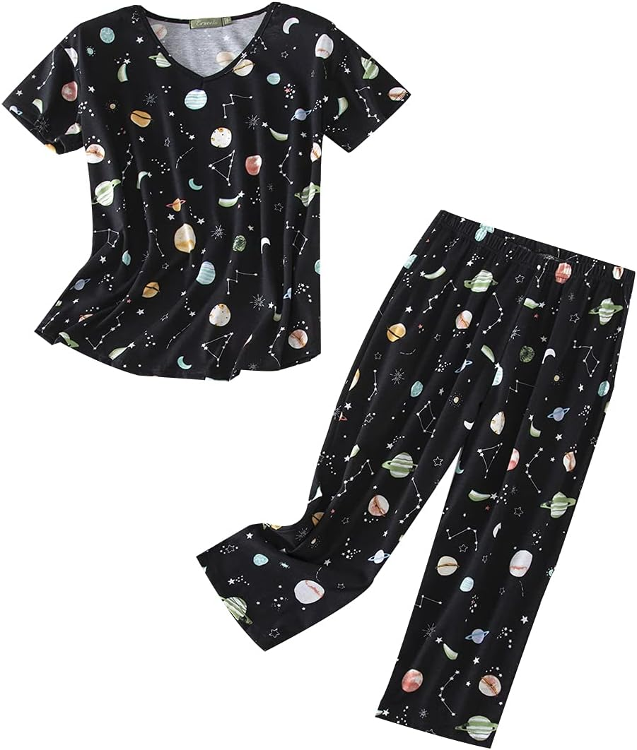 1a7d9bf199413506650d4b925095e2b1-1.png Womens Cotton Pajama Sets Short Sleeve Top with Capri Pants 2 Piece Sets for Women Summer Pajamas Lounge Set - Image 1