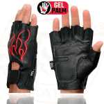 SH198 Men'S Black Leather Gel Padded Palm Fingerless Motorcycle Gloves W/Red Flame Embroidery - Medium - Image 2