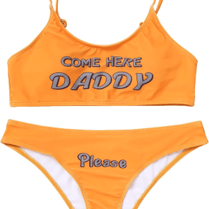 Women'S 2Pcs Come Here Yes Daddy Please Printed Bikini Swimsuit Bathing Suit Padded Bra Top Panty Set Swimwear