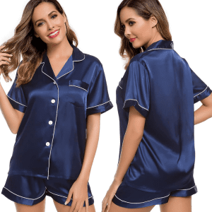 Womens Silk Satin Pajamas Short Sleeve Loungewear Two-Piece Sleepwear Button-Down Pj Set