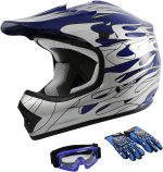 Youth Helmet+Goggles+Gloves DOT Blue Flame Kids Dirt Bike Helmet ATV Motocross Off-Road Riding Small