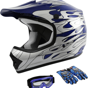 Youth Helmet+Goggles+Gloves DOT Blue Flame Kids Dirt Bike Helmet ATV Motocross Off-Road Riding Small
