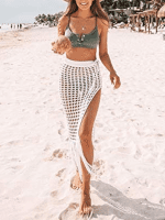 Women Hollow Out Beach Cover up Skirt Hollow Out Crochet Tassel Skirt Wrap Maxi Sarong Coverups Swimsuit - Image 2