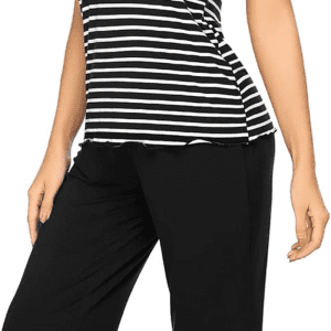Pajama Set V-Neck Short Sleeve Striped Shirt & Capri Pants Sleepwear Pjs Sets Black