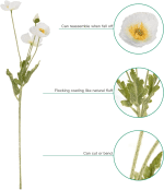 Artificial Poppy Flowers Silk Real Touch Fake Poppies for Home Decoration Wedding Centerpieces, Faux Flower Pack of 5 (White) - Image 4