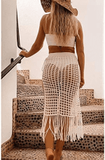 Women Hollow Out Beach Cover up Skirt Hollow Out Crochet Tassel Skirt Wrap Maxi Sarong Coverups Swimsuit - Image 4