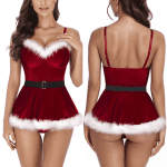 Christmas Santa Velvet Sexy Nightdress with Thong Babydoll Sleeveless Backless Underwear Women Rabbit Girl Exotic Mini Dress