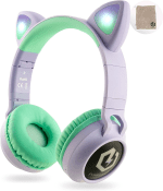Kids Cat Ear Headphones, Bluetooth 5.3 Wireless, LED Lights, Safe Volume Limit, Micro SD/TF, for Ipad, Tablet, Travel (Purple/Teal)