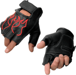 SH198 Men'S Black Leather Gel Padded Palm Fingerless Motorcycle Gloves W/Red Flame Embroidery - Medium