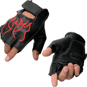 SH198 Men'S Black Leather Gel Padded Palm Fingerless Motorcycle Gloves W/Red Flame Embroidery - Medium