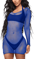 Womens Mesh Dresses Swimsuits Sheer Bikini Classtic Cover Ups Solid Color Long Sleeves See through Beach Blue XL