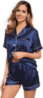 Womens Silk Satin Pajamas Short Sleeve Loungewear Two-Piece Sleepwear Button-Down Pj Set - Image 3