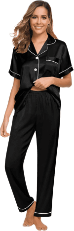 Women Satin Pajamas Set Short Sleeve Top & Pants Sleepwear Silky Button down Nightwear 2Pcs Loungewear Pjs Set - Image 2