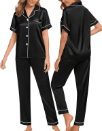 Women Satin Pajamas Set Short Sleeve Top & Pants Sleepwear Silky Button down Nightwear 2Pcs Loungewear Pjs Set