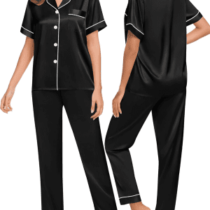 Women Satin Pajamas Set Short Sleeve Top & Pants Sleepwear Silky Button down Nightwear 2Pcs Loungewear Pjs Set