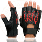 SH198 Men'S Black Leather Gel Padded Palm Fingerless Motorcycle Gloves W/Red Flame Embroidery - Medium - Image 4