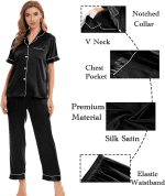 Women Satin Pajamas Set Short Sleeve Top & Pants Sleepwear Silky Button down Nightwear 2Pcs Loungewear Pjs Set - Image 3