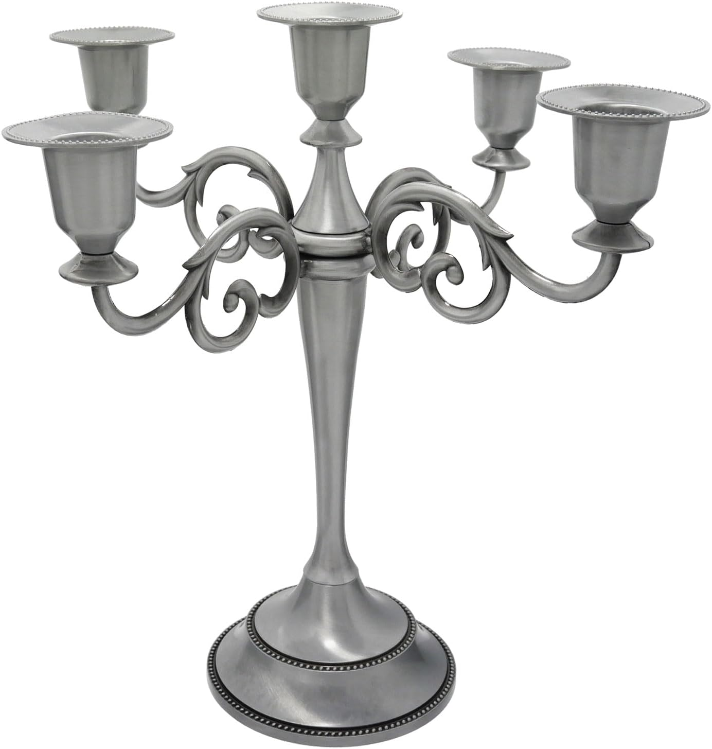 efa55bf12da20f77a8b8beadfec37b23.png Pewter Candle Holder,5 Arms Metal Candle Holders for Pillar Candles(10.6 Inch Tall Candlestick Holders, for 1/2-1 Inch Taper Candles,Centerpiece Elegant Decoration Piece for Table - Image 1