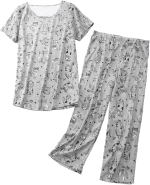 Womens Cotton Pajama Sets Short Sleeve Top with Capri Pants 2 Piece Sets for Women Summer Pajamas Lounge Set