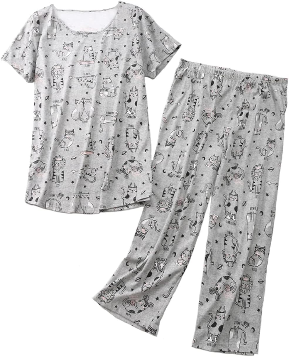 f1f79eee11cee625836e8b0a9ac2d24b.png Womens Cotton Pajama Sets Short Sleeve Top with Capri Pants 2 Piece Sets for Women Summer Pajamas Lounge Set - Image 1