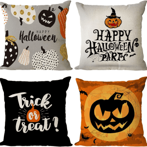 Set of 4 Halloween Pillow Covers 16X16 Inch Trick or Treat Pumpkin Decor Throw Pillow Covers Black Halloween Cushion Covers Linen Square Pillow Cases for Home Outdoor Sofa Couch (16 by 16)