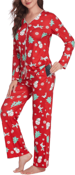 Women'S Chritsmas Pajamas Sets Button down Pjs V Neck Lounge Set Long Sleeve Sleepwear Christmas Tree Red - Image 3